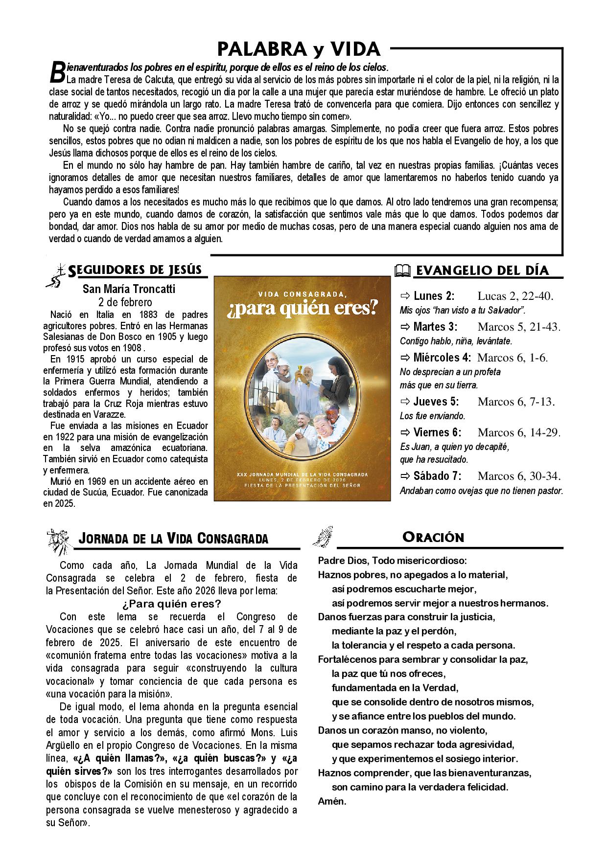 Hoja dominical del 1 de febrero de 2026 - Parroquia Matriz de San Agustín